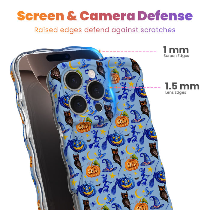 The Bewitching Hour iPhone case screen and camera defense graphic, raised lens and screen edges on the periwinkle owl and broomstick print.