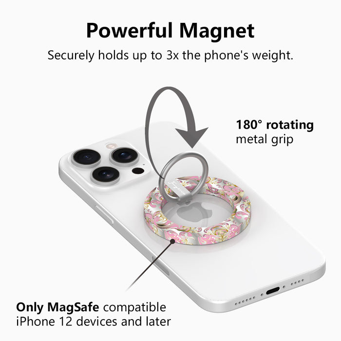 Powerful magnet graphic for The Pink Heiress MagSafe grip ring, showing the 180 degree rotating metal grip that holds up to three times the phone's weight.