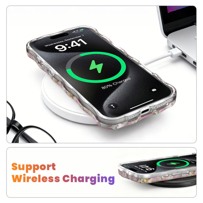 Wireless charging graphic showing an iPhone in The Pink Heiress pink and gold damask MagSafe case charging on a wireless pad.