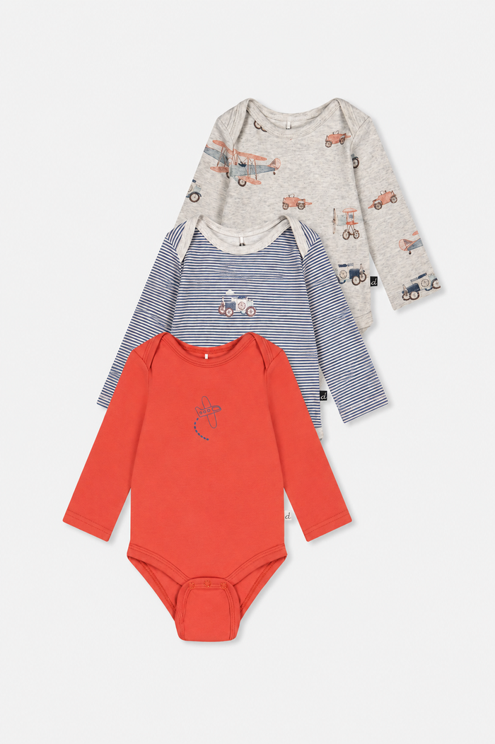 Deux par Deux organic cotton baby onesie 3-pack with airplanes and vintage car