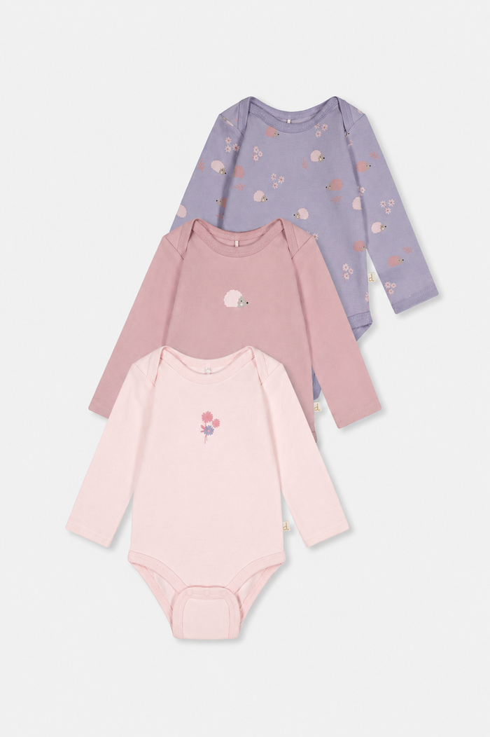 Deux par Deux baby girl organic cotton onesie 3-pack in pinks and purple hedgehog print