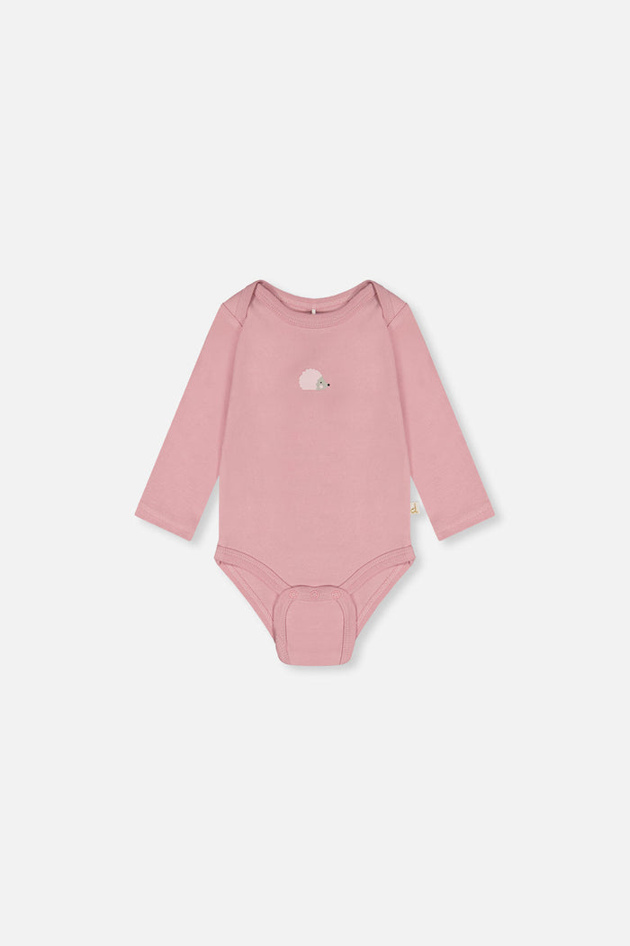 Deux par Deux baby girl organic cotton onesie 3-pack in pinks and purple hedgehog print, view 3