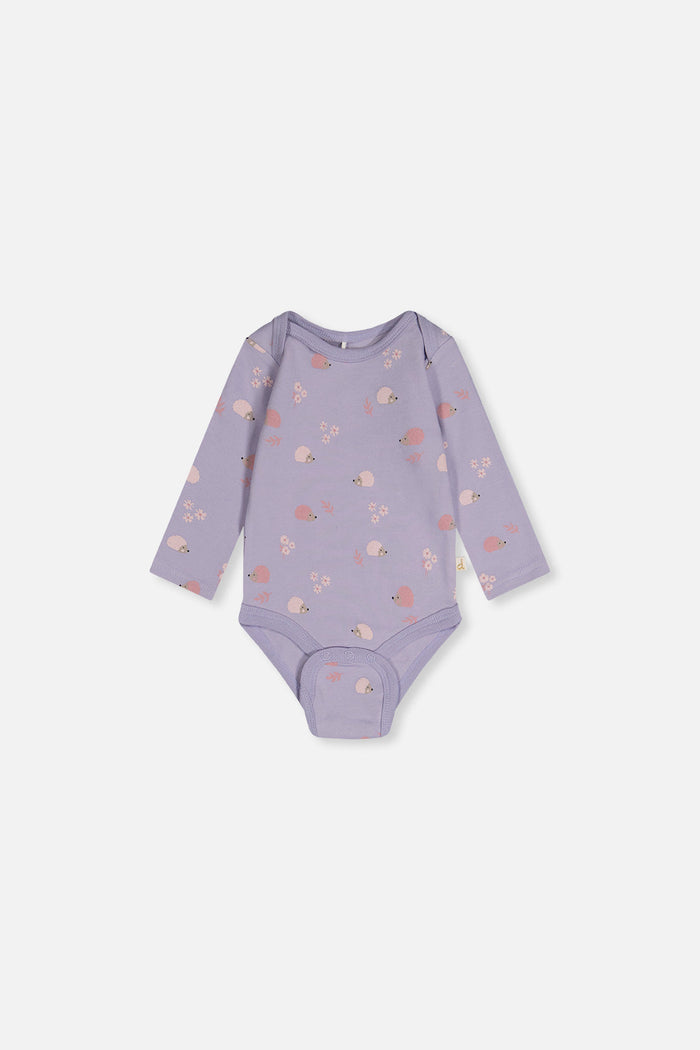 Deux par Deux baby girl organic cotton onesie 3-pack in pinks and purple hedgehog print, view 4