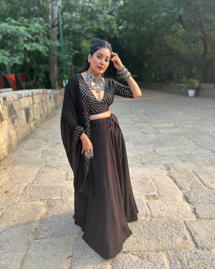 Tinaa In Black Full Flairy Pure Soft Georgette Full Stitched Lehenga Choli