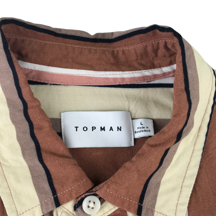 Topman men's L brown and pink striped buttoned short sleeve shirt
