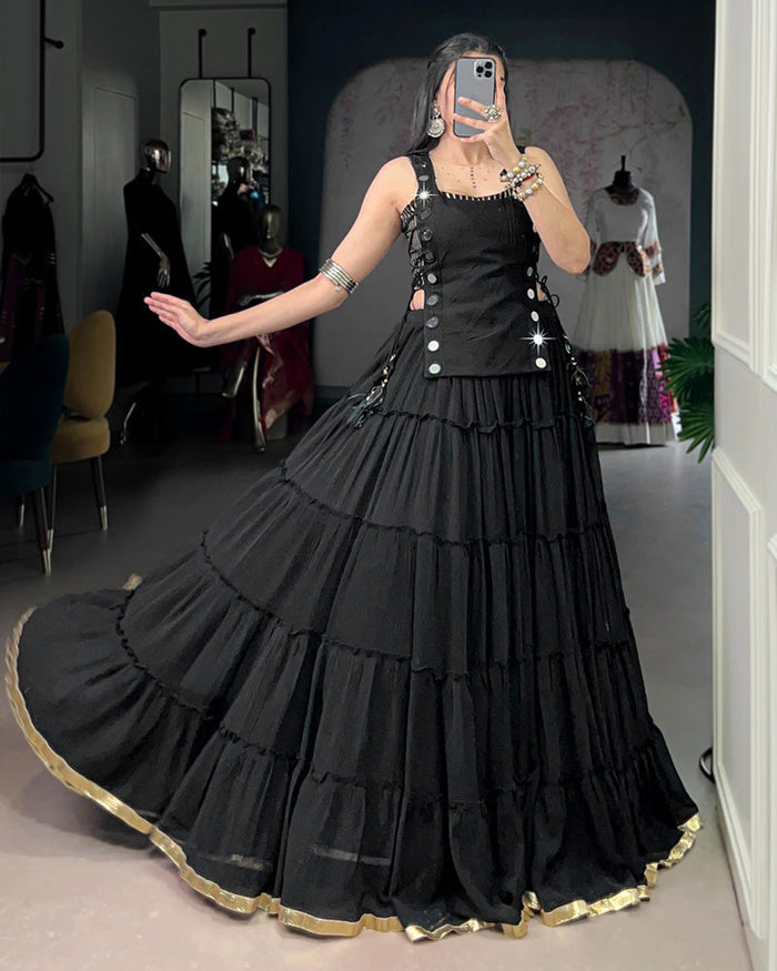 TRADITIONAL BLACK COLOR PURE MARBEL NAVRATRI LEHENGA CHOLI