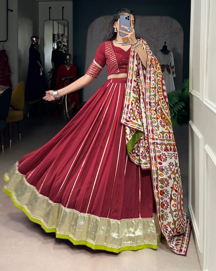 TRADITIONAL MAROON COLOR CHANDERI NAVRATRI LEHENGA CHOLI