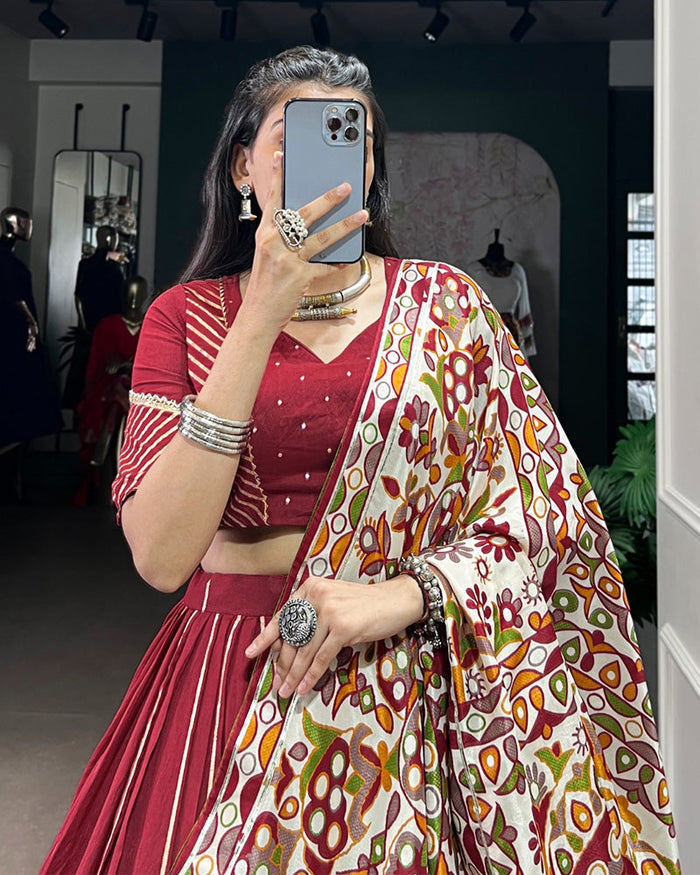 TRADITIONAL MAROON COLOR CHANDERI NAVRATRI LEHENGA CHOLI