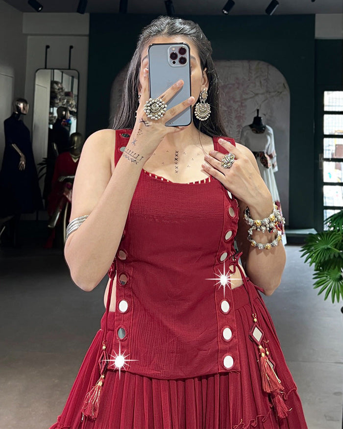 TRADITIONAL MAROON COLOR PURE MARBEL NAVRATRI LEHENGA CHOLI