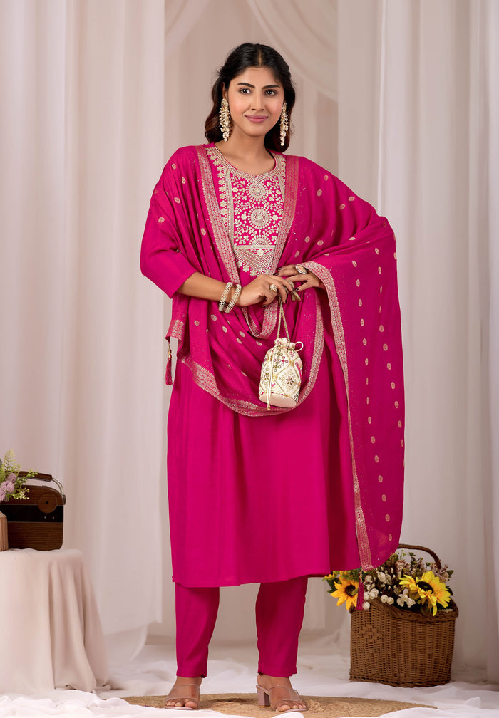 Traditional Rani Pink Embroidery Kurta Set with Dupatta