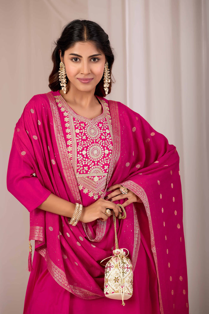 Traditional Rani Pink Embroidery Kurta Set with Dupatta