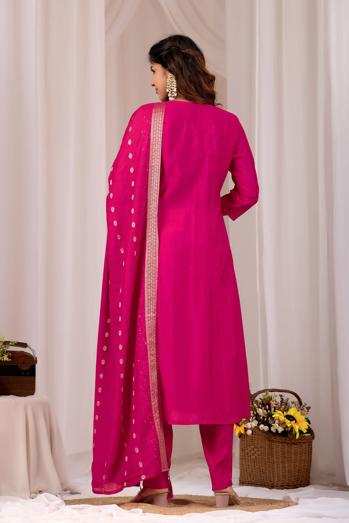 Traditional Rani Pink Embroidery Kurta Set with Dupatta