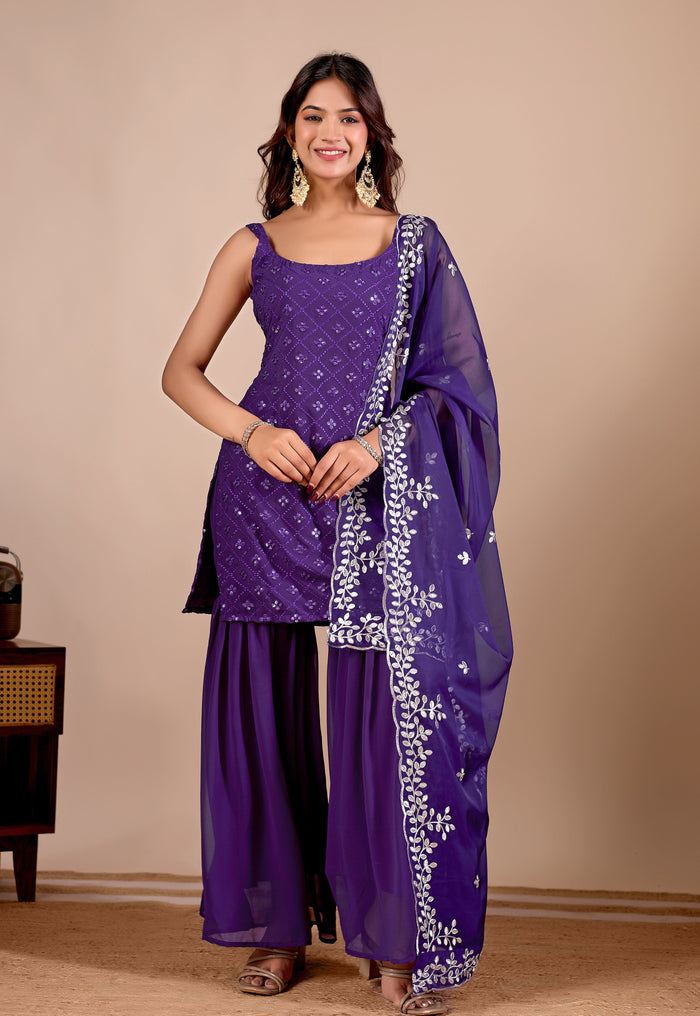 Traditional Wear Embroidered Purple Sharara suit Set with Kurta and Dupatta