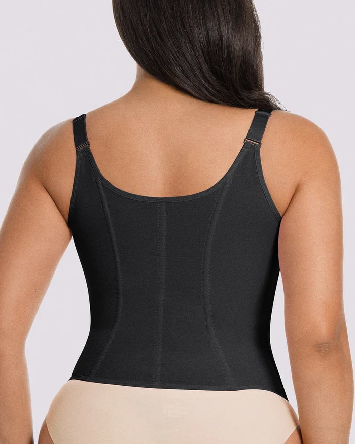 Smooth back design of shaping corset top with supportive fit