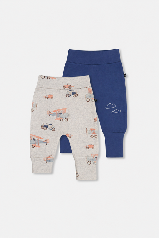 Deux par Deux baby boys 2-pack evolutive pants, airplane print and blue, front view