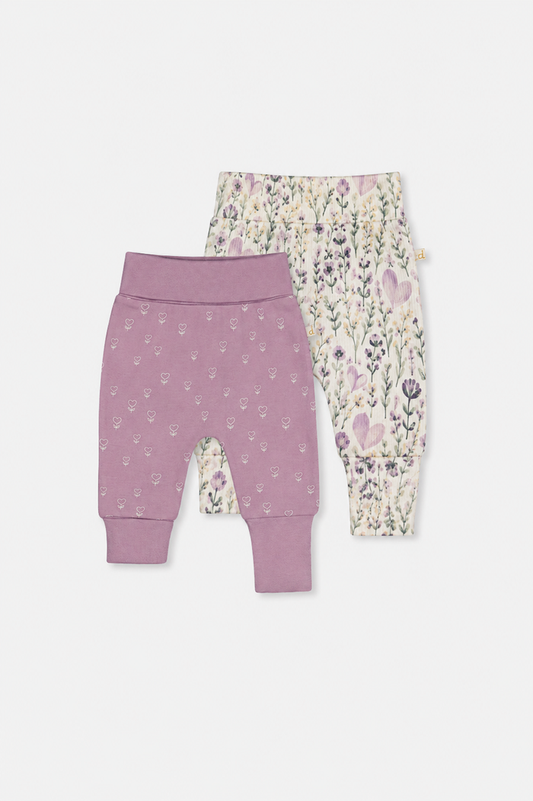 Deux par Deux baby girls 2-pack evolutive pants, lavender and beige floral, front view