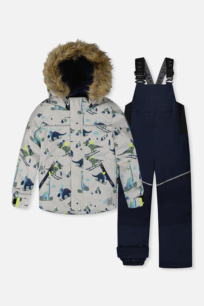 Deux par Deux boys DISCOVER snowsuit, grey dinosaur print – grey skiing dinosaur print jacket and navy snow bib pants, front view