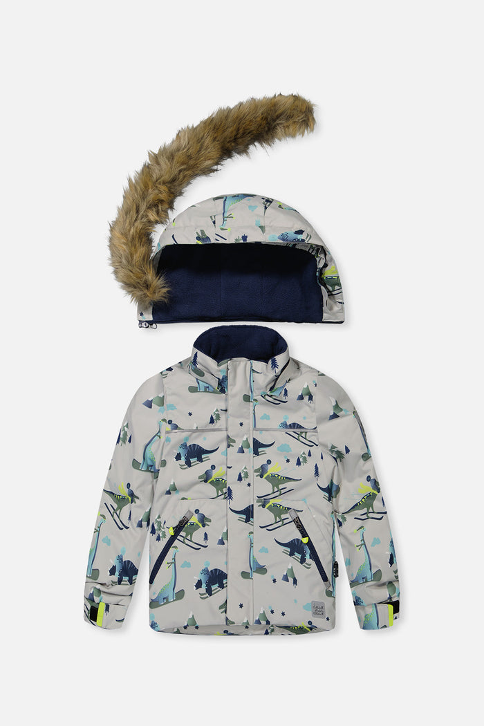 Deux par Deux boys DISCOVER snowsuit, grey dinosaur print – jacket front with the faux-fur-trimmed hood detached