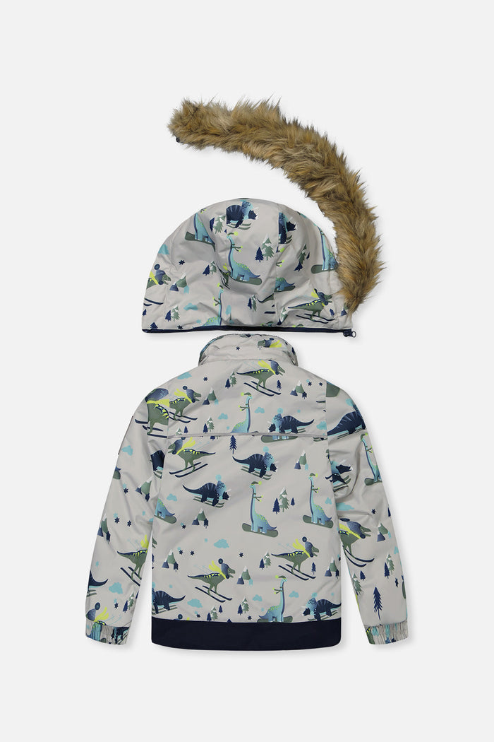 Deux par Deux boys DISCOVER snowsuit, grey dinosaur print – jacket back view with hood
