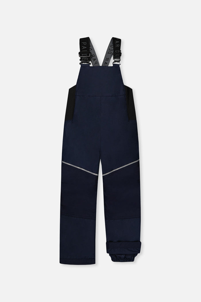 Deux par Deux boys DISCOVER snowsuit, grey dinosaur print – navy snow bib pants, front view
