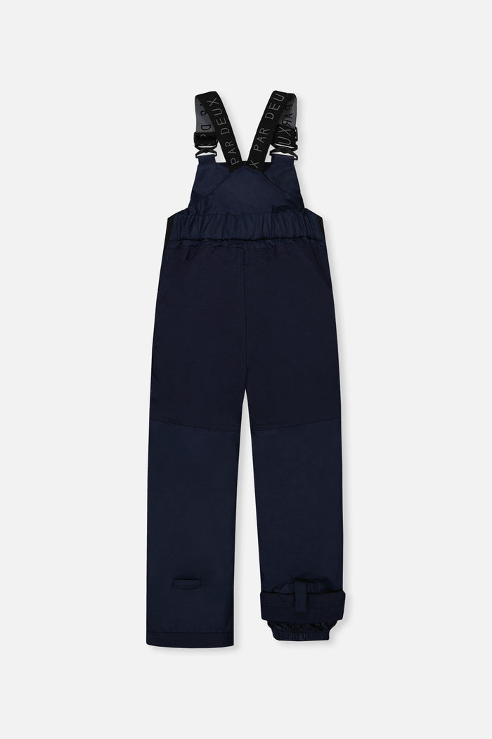 Deux par Deux boys DISCOVER snowsuit, grey dinosaur print – navy snow bib pants, back view