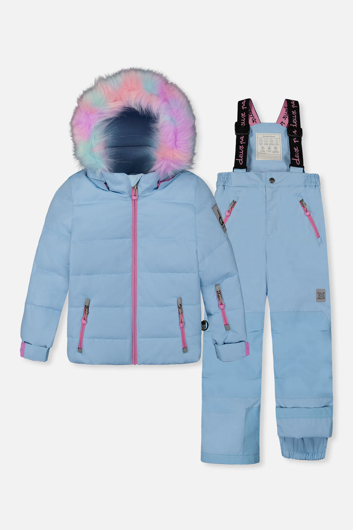 Deux par Deux girls PLAY snowsuit, light blue – jacket and snow pants, front view
