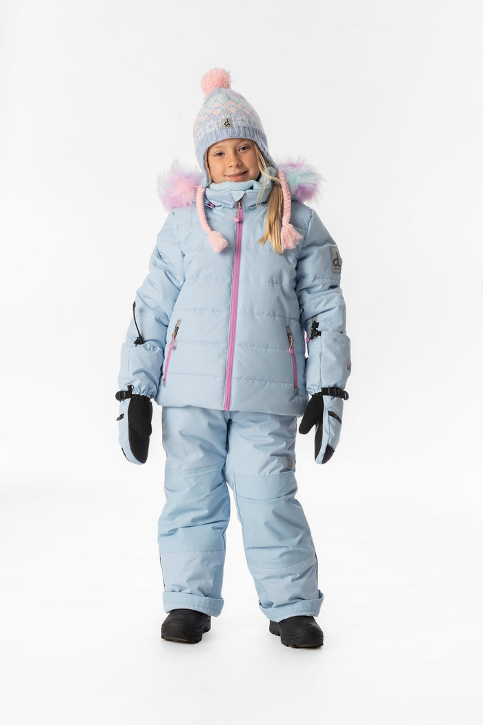 Child wearing the light blue Deux par Deux PLAY snowsuit, full-length front view