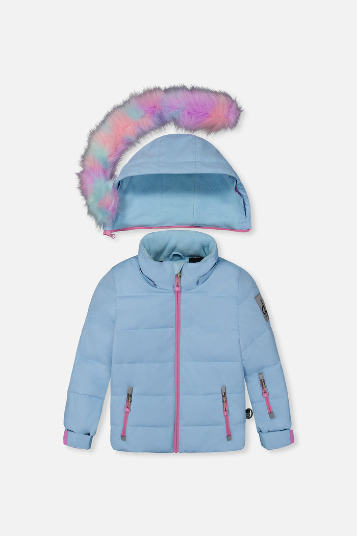 Deux par Deux girls PLAY snowsuit, light blue – jacket front with the faux-fur-trimmed hood detached