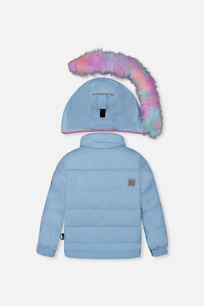 Deux par Deux girls PLAY snowsuit, light blue – jacket back view with hood