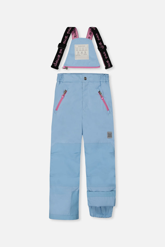 Deux par Deux girls PLAY snowsuit, light blue – light blue snow pants, front view with suspenders