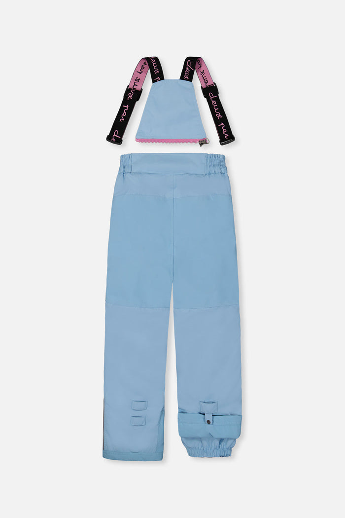Deux par Deux girls PLAY snowsuit, light blue – light blue snow pants, back view with suspenders off