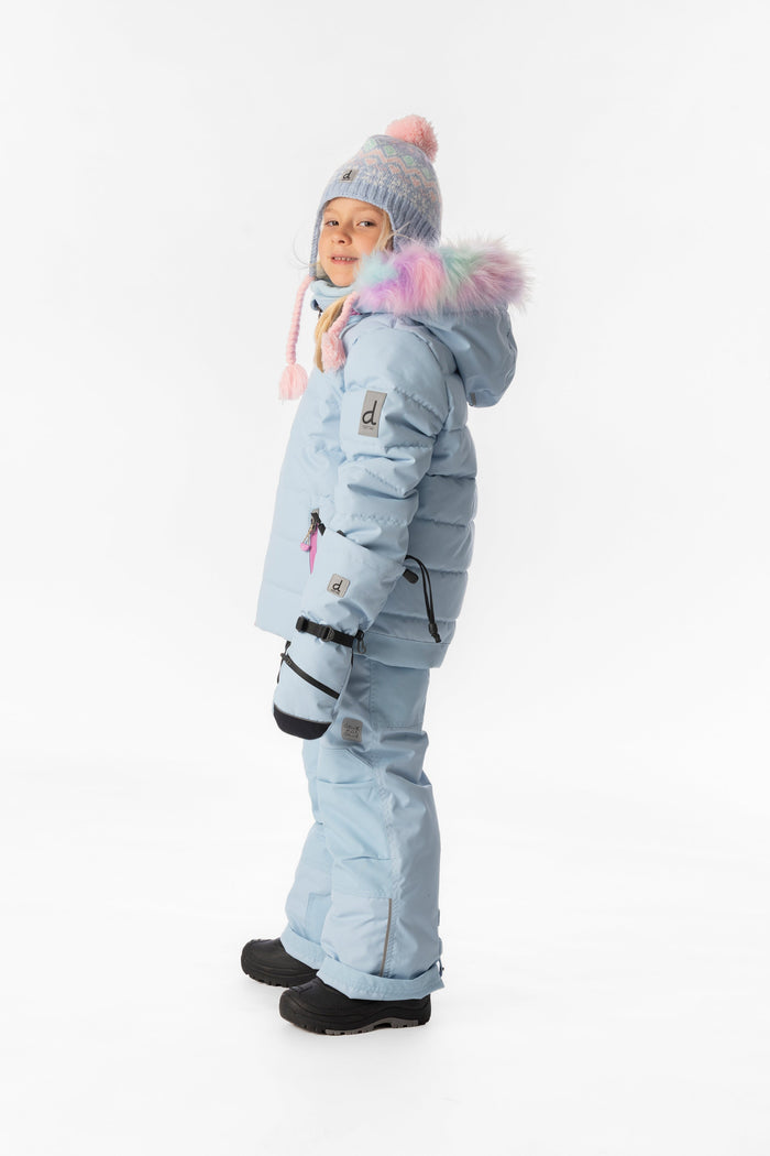 Child wearing the light blue Deux par Deux PLAY snowsuit, side view