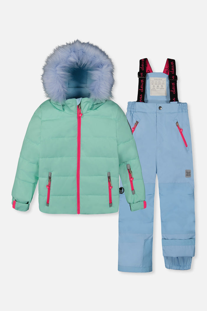 Deux par Deux girls PLAY snowsuit, mint green and light blue – mint green jacket and light blue snow pants, front view