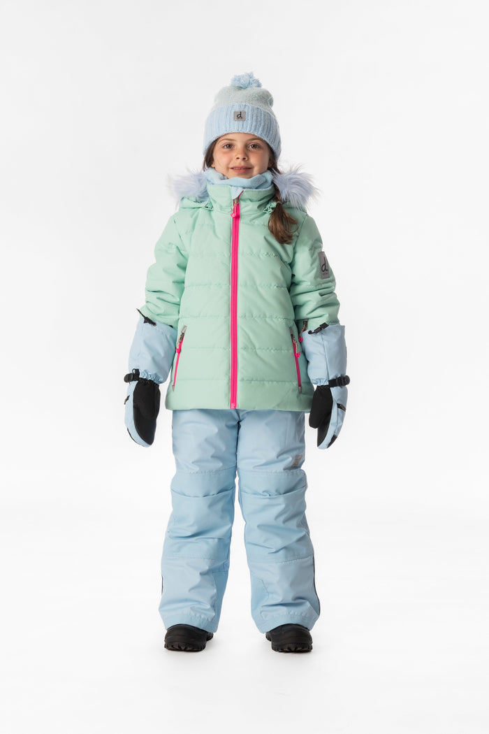Child wearing the mint green and light blue Deux par Deux PLAY snowsuit, full-length front view