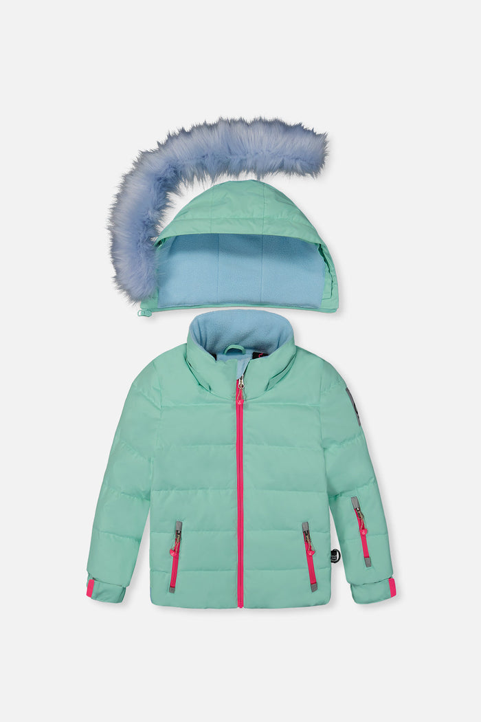 Deux par Deux girls PLAY snowsuit, mint green and light blue – jacket front with the faux-fur-trimmed hood detached
