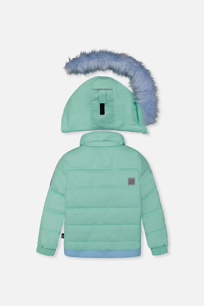 Deux par Deux girls PLAY snowsuit, mint green and light blue – jacket back view with hood
