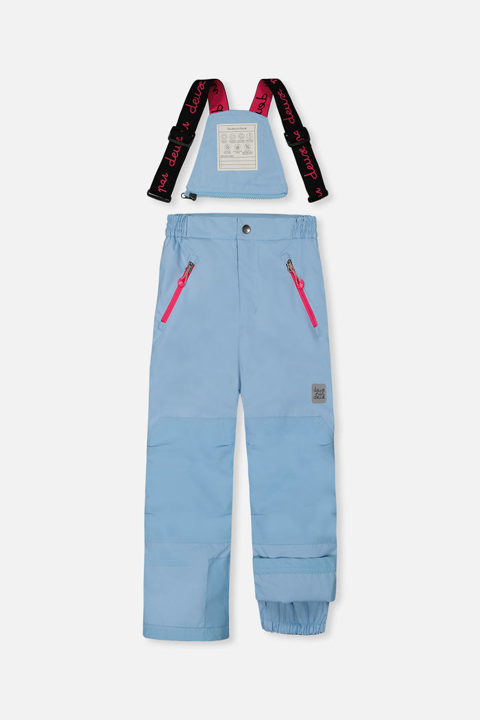 Deux par Deux girls PLAY snowsuit, mint green and light blue – light blue snow pants, front view with suspenders