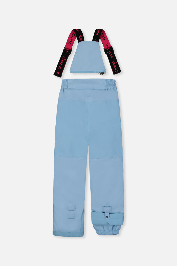 Deux par Deux girls PLAY snowsuit, mint green and light blue – light blue snow pants, back view with suspenders off