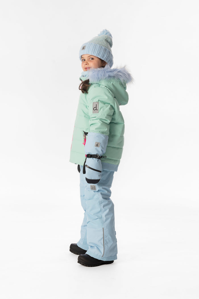 Child wearing the mint green and light blue Deux par Deux PLAY snowsuit, side view
