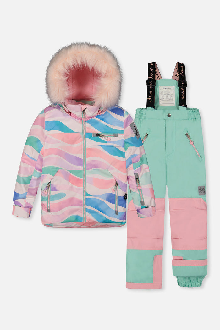 Deux par Deux girls PLAY snowsuit, multicolor line print – multicolor line-print jacket and mint and pink snow pants, front view