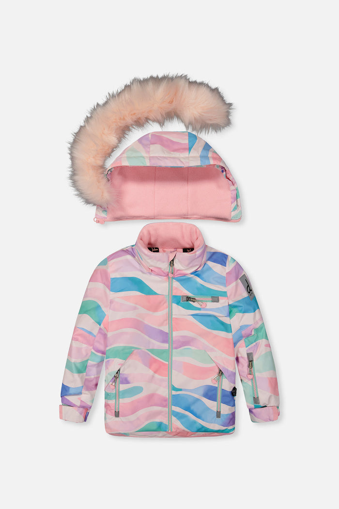 Deux par Deux girls PLAY snowsuit, multicolor line print – jacket front with the faux-fur-trimmed hood detached