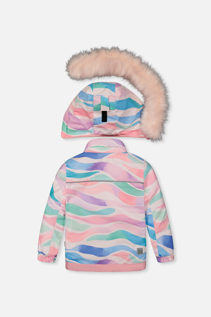 Deux par Deux girls PLAY snowsuit, multicolor line print – jacket back view with hood