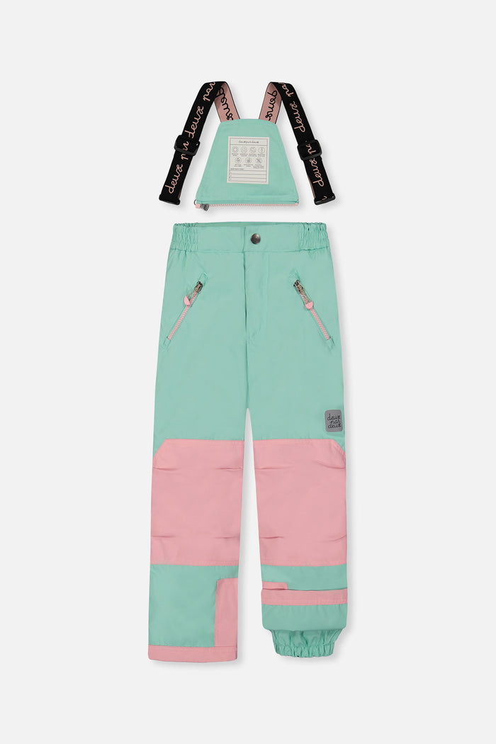 Deux par Deux girls PLAY snowsuit, multicolor line print – mint and pink snow pants, front view with suspenders