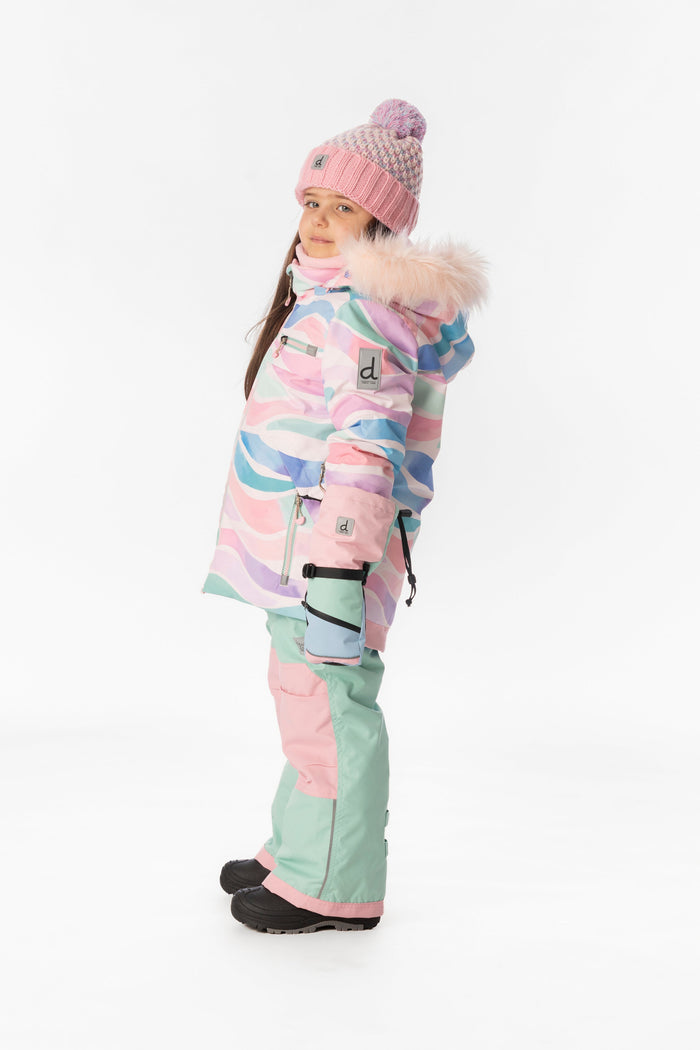 Child wearing the multicolor line print Deux par Deux PLAY snowsuit, side view