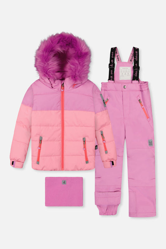 Deux par Deux girls PLAY snowsuit, pinkish violet and pink – pinkish violet and pink jacket and pinkish violet snow pants, front view