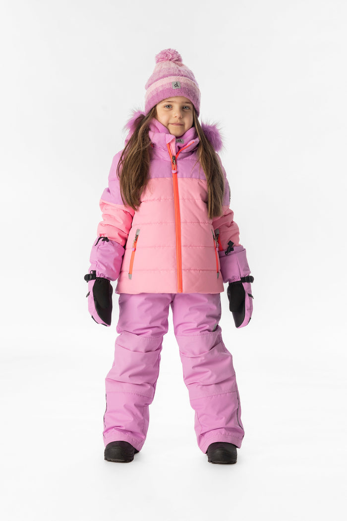Child wearing the pinkish violet and pink Deux par Deux PLAY snowsuit, full-length front view