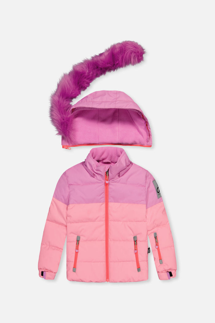 Deux par Deux girls PLAY snowsuit, pinkish violet and pink – jacket front with the faux-fur-trimmed hood detached