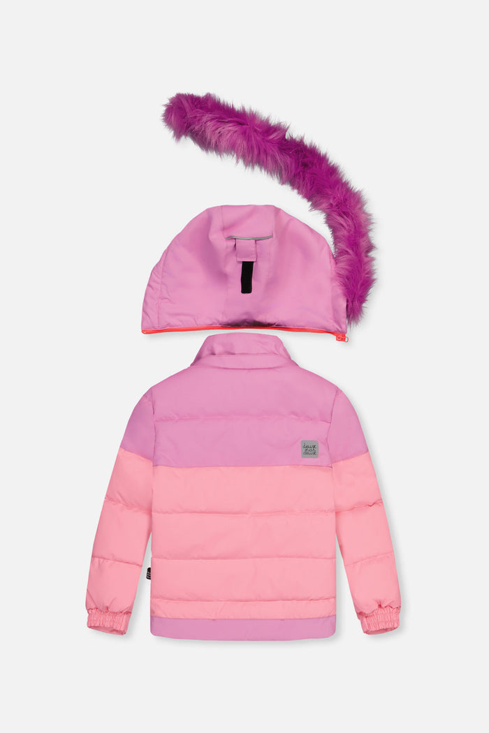 Deux par Deux girls PLAY snowsuit, pinkish violet and pink – jacket back view with hood