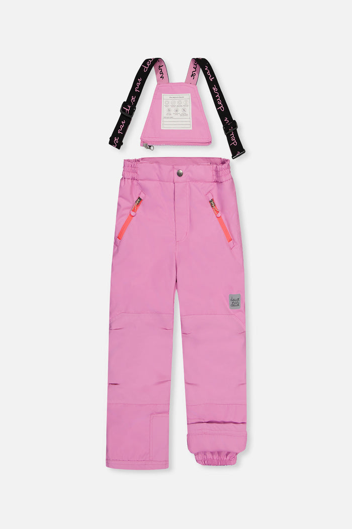 Deux par Deux girls PLAY snowsuit, pinkish violet and pink – pinkish violet snow pants, front view with suspenders
