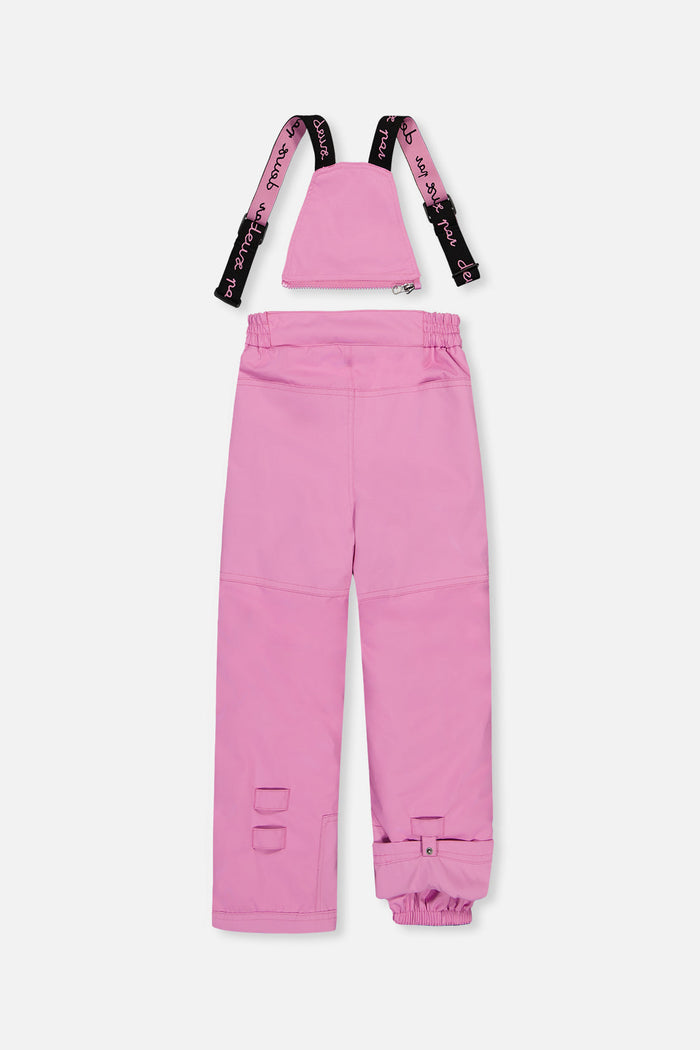 Deux par Deux girls PLAY snowsuit, pinkish violet and pink – pinkish violet snow pants, back view with suspenders off
